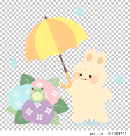 Illustration of a rabbit holding a yellow and orange umbrella to a frog on a hydrangea 102983795