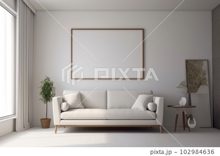 The serene and spacious living room features a comfortable white couch and a large window that lets in plenty of natural light. AI Generative The serene and spacious living room features a comfortable white couch and a large window that lets in plenty of natural light. AI Generative 102984636