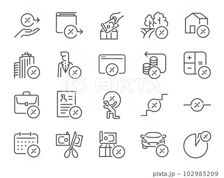 Taxes icon set. It included tax, tariff, Interest Rate, tax deduction, credit, and more icons. Editable Stroke. 102985209