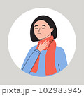 Young women suffering from a sore throat. Female with pharangitis or tonsillitis. Symptom of flu, cold, influenza or different disease. Health problem flat vector medical illustration 102985945
