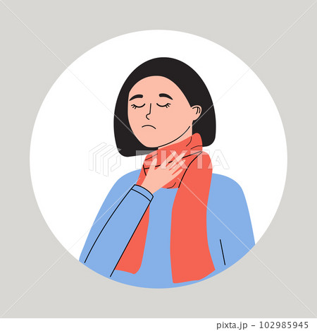Young women suffering from a sore throat. Female with pharangitis or tonsillitis. Symptom of flu, cold, influenza or different disease. Health problem flat vector medical illustration 102985945