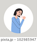 Young women suffering from a dry cough. Female with health problems. Symptom of flu, cold, influenza or different disease. Flat vector medical illustration 102985947