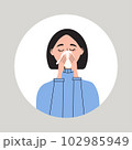 Young women suffering from a runny nose. Female with health problem. Symptom of flu, cold, influenza or different disease. Flat vector medical illustration 102985949