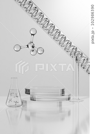 3D rendering transparent round pedestals stacked on each other, an erlenmeyer flask containing liquid and molecules inside 3D rendering transparent round pedestals stacked on each other, an erlenmeyer flask containing liquid and molecules inside 102986390