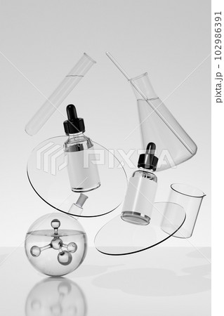 Glass bottles with dropper are floating in the air with laboratory glassware and a flask of liquid and molecule. 3D rendering product mockup Glass bottles with dropper are floating in the air with laboratory glassware and a flask of liquid and molecule. 3D rendering product mockup 102986391