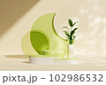 3d render round cylinder podiums, small vase with green leaves and geometric objects decorated on beige background and natural shadow leaves. Scene for advertising cosmetics product 102986532