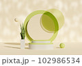 Abstract modern minimal background with empty podiums, a small pot of bonsai, geometric objects and shadow of natural leaves on the beige wall. Space for display product. 3d illustration.  102986534