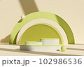 3d rendering of modern empty podium by pastel green geometric objects formed in beige background. Space for display product or place your design.  102986536