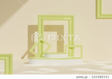 Round empty podiums with minimal green rectangular door frame decorated on beige background. environmental product display stage by 3d rendering technique. Round empty podiums with minimal green rectangular door frame decorated on beige background. environmental product display stage by 3d rendering technique. 102986541
