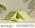 3d rendering of two pastel green stairways and geometric podiums on gray wall background and green tropical leaves. Minimal abstract scene for display cosmetics product  102986550