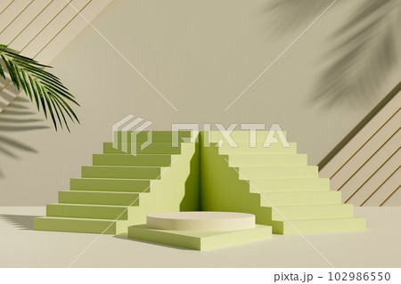 3d rendering of two pastel green stairways and geometric podiums on gray wall background and green tropical leaves. Minimal abstract scene for display cosmetics product  102986550