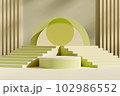 Blank showcase mockup with empty podium, stairways and arch decorated on abstract background. Pastel green object form an empty space for display product 102986552