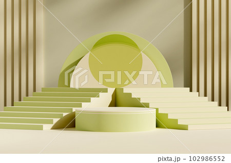 Blank showcase mockup with empty podium, stairways and arch decorated on abstract background. Pastel green object form an empty space for display product 102986552