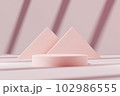 3D illustration rendering of pink abstract geometric background with blank space on podium for cosmetic product presentation. Light and dark streaks alternating on the wall background 102986555