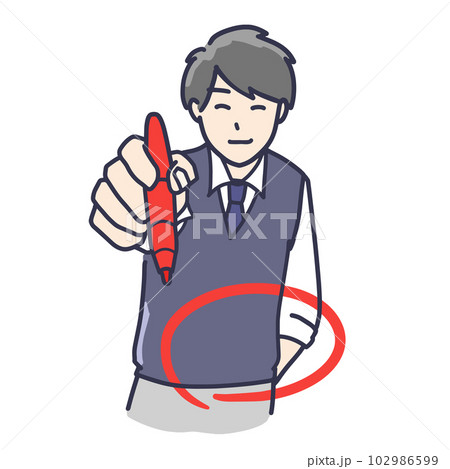 赤ペンを持ってまるをつけるネクタイの男性のイラスト 赤ペンを持ってまるをつけるネクタイの男性のイラスト 102986599