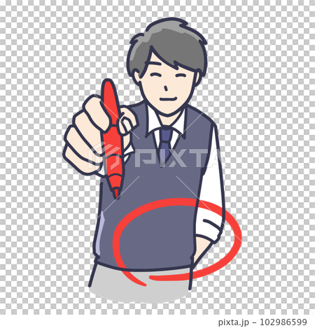 赤ペンを持ってまるをつけるネクタイの男性のイラスト 赤ペンを持ってまるをつけるネクタイの男性のイラスト 102986599