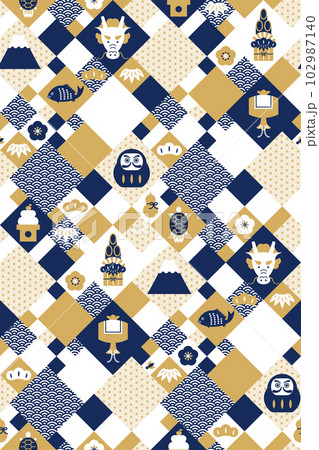 和風文様×お正月アイコンのシームレスパターン 辰年版(紺) 和風文様×お正月アイコンのシームレスパターン 辰年版(紺) 102987140