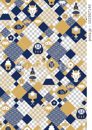 和風文様×お正月アイコンのシームレスパターン 辰年版(紺) 和風文様×お正月アイコンのシームレスパターン 辰年版(紺) 102987140