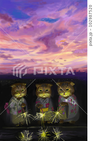 花火を見つめる三匹のネコ 花火を見つめる三匹のネコ 102987520