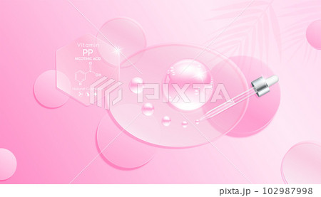 Serum gel drop pink on transparent ellipse mirror. Cosmetic product swatch vitamin PP, structure. Light textured moisturizing face serum clear skincare liquid. Cosmetics display podium. Top view 3D 102987998