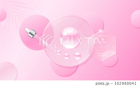 Serum gel drop pink on transparent circle disk. Cosmetic product swatch vitamin A, structure. Light textured moisturizing face serum clear skincare liquid. Cosmetics display podium ads. Top view 3D Serum gel drop pink on transparent circle disk. Cosmetic product swatch vitamin A, structure. Light textured moisturizing face serum clear skincare liquid. Cosmetics display podium ads. Top view 3D 102988041