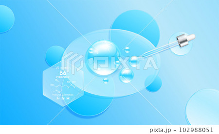 Serum gel drop blue on transparent ellipse mirror. Cosmetic product swatch vitamin B6, structure. Light textured moisturizing face serum clear skincare liquid. Cosmetics display podium. Top view 3D 102988051