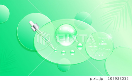 Serum gel green blue on transparent ellipse mirror. Cosmetic product swatch vitamin B7, structure. Light textured moisturizing face serum clear skincare liquid. Cosmetics display podium. Top view 3D 102988052