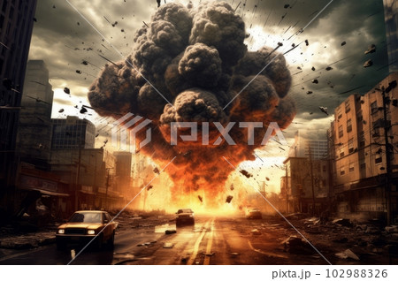爆発が起きた街並み風景,Generative AI AI画像 爆発が起きた街並み風景,Generative AI AI画像 102988326