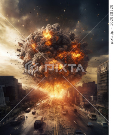 爆発が起きた街並み風景,Generative AI AI画像 102988329
