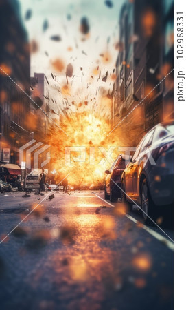 爆発が起きた街並み風景,Generative AI AI画像 爆発が起きた街並み風景,Generative AI AI画像 102988331