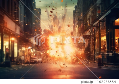 爆発が起きた街並み風景,Generative AI AI画像 爆発が起きた街並み風景,Generative AI AI画像 102988334