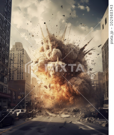 爆発が起きた街並み風景,Generative AI AI画像 爆発が起きた街並み風景,Generative AI AI画像 102988343