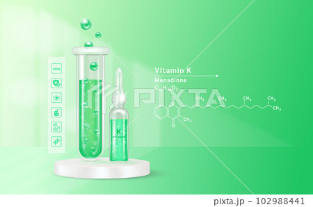 Serum vitamin K inside glass ampoule and glass bottles with liquid drug solution. Natural cosmetics. Cosmetology for skin care. On green background. Medical and beauty concept. Realistic 3D vector. Serum vitamin K inside glass ampoule and glass bottles with liquid drug solution. Natural cosmetics. Cosmetology for skin care. On green background. Medical and beauty concept. Realistic 3D vector. 102988441