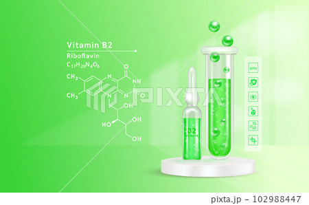 Serum vitamin B2 inside glass ampoule and glass bottles with liquid drug solution. Natural cosmetics. Cosmetology for skin care. On green background. Medical and beauty concept. Realistic 3D vector. 102988447