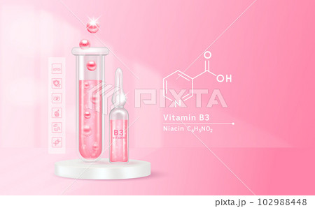 Serum vitamin B3 inside glass ampoule and glass bottles with liquid drug solution. Natural cosmetics. Cosmetology for skin care. On pink background. Medical and beauty concept. Realistic 3D vector. 102988448