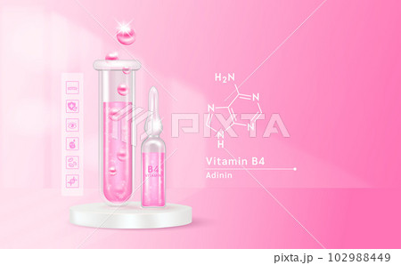 Serum vitamin B3 inside glass ampoule and glass bottles with liquid drug solution. Natural cosmetics. Cosmetology for skin care. On orange background. Medical and beauty concept. Realistic 3D vector. 102988449