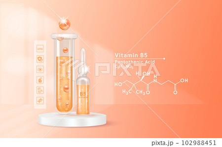 Serum vitamin B5 inside glass ampoule and glass bottles with liquid drug solution. Natural cosmetics. Cosmetology for skin care. On orange background. Medical and beauty concept. Realistic 3D vector. 102988451