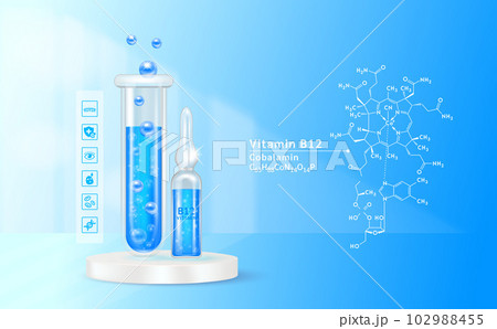 Serum vitamin B12 inside glass ampoule and glass bottles with liquid drug solution. Natural cosmetics. Cosmetology for skin care. On blue background. Medical and beauty concept. Realistic 3D vector. Serum vitamin B12 inside glass ampoule and glass bottles with liquid drug solution. Natural cosmetics. Cosmetology for skin care. On blue background. Medical and beauty concept. Realistic 3D vector. 102988455