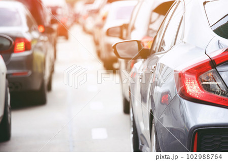 traffic lines ways traffic jam in a city street road row of car on express way in rush hour duration late morning.  parking car. transportation travel concept. 102988764