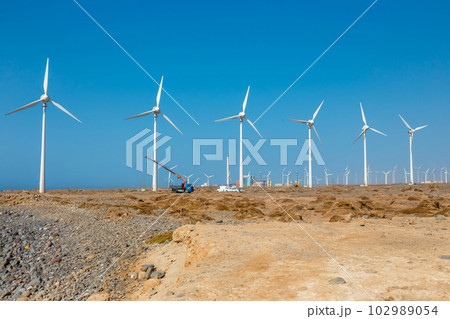 Image of wind turbines as alternative eco-friendly energy source at Gran Canaria. Modern technology theme. 102989054