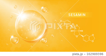 Sesamin drop and structure black sesame extract on orange background. Vitamin complex orange. Food supplement nutrition design. Medical scientific concepts. 3D vector. 102989396