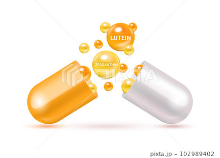 Lutein and Zeaxanthin medicine capsule orange. Vitamin complex with Chemical formula from marigold to nourish eyes. Medical and healthcare concept. 3D Vector. Isolated on a white background. 102989402
