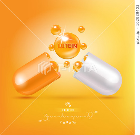 Lutein medicine capsule orange. Vitamin complex with Chemical formula from marigold to nourish eyes. Medical and healthcare concept. 3D Vector. Isolated on a orange background. Lutein medicine capsule orange. Vitamin complex with Chemical formula from marigold to nourish eyes. Medical and healthcare concept. 3D Vector. Isolated on a orange background. 102989403