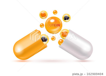 Lutein medicine capsule orange. Vitamin complex with chemical formula from marigold and blackcurrant to nourish eyes. Medical and healthcare concept. 3D Vector. Isolated on a white background. Lutein medicine capsule orange. Vitamin complex with chemical formula from marigold and blackcurrant to nourish eyes. Medical and healthcare concept. 3D Vector. Isolated on a white background. 102989404