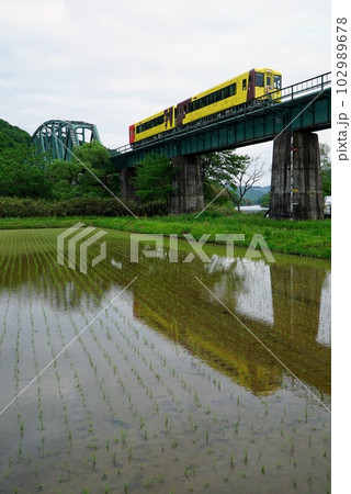 水田の上を走る大船渡線の観光列車 102989678