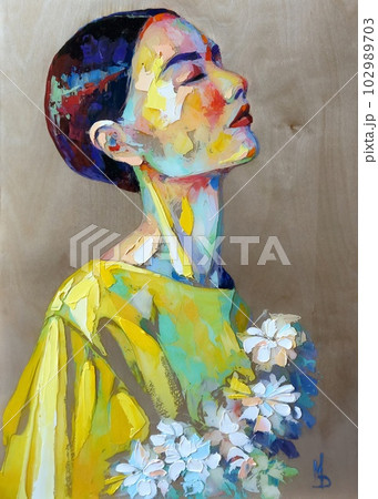 Portrait of a girl with a graceful neck and short hair in profile. 102989703