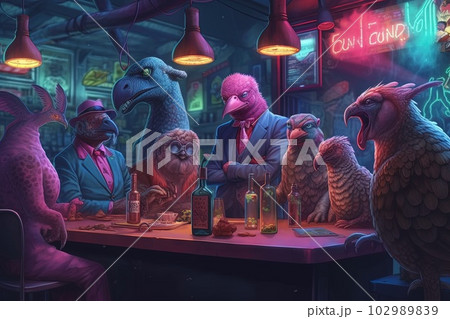birds meeting pink gangster in neon bar illustration generative ai 102989839