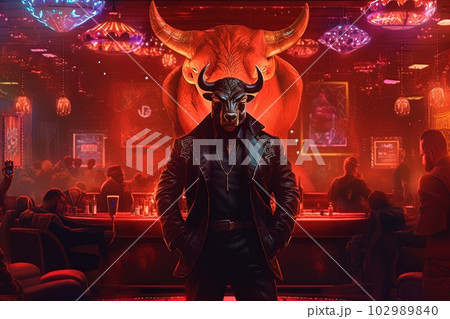 bull gangster in red neon bar illustration generative ai 102989840