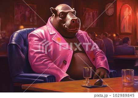 Hippo pink gangster in neon bar illustration generative ai 102989845