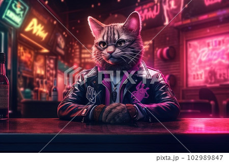 pink cat gangster in neon bar illustration generative ai pink cat gangster in neon bar illustration generative ai 102989847